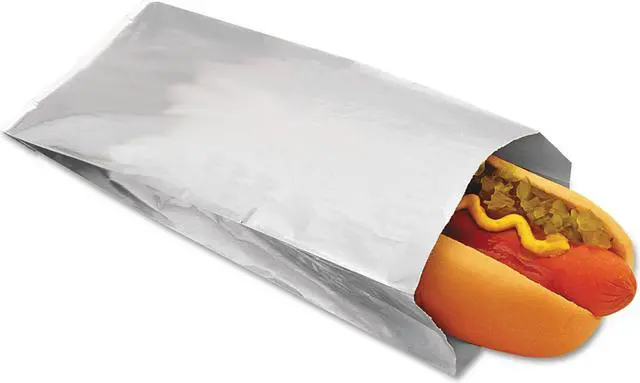 Alt view image 3 of 3 - Bag Craft 300456 Foil Single Serve Hot Dog Bags, 3 1/2 x 1 1/2 x 8 1/2, Silver,1000/Carton