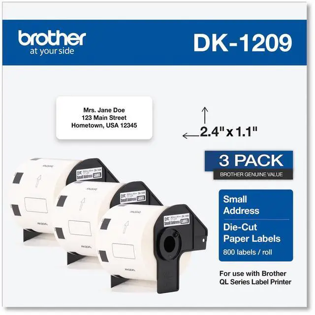 Main image of Brother DK-1209 Small Address Paper Labels 2-4/10" x 1-1/10" Black on White 800 Labels/Roll 3 Rolls/Box (DK-12093PK)