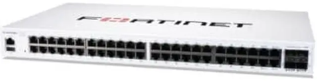 Main image of FortiSwitch-148F Layer 2 FortiGate switch controller compatible switch with 48x 1G RJ45 and 4x 10G/1G SFP+/SFP ports and 1x RJ45 console port.