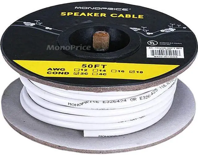 Alt view image 3 of 8 - Monoprice Speaker Wire, CL2 Rated, 2-Conductor, 18AWG, 50ft, White