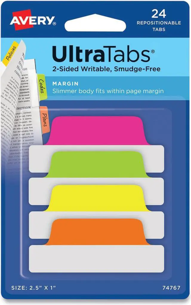 Alt view image 6 of 14 - Avery Ultra Tabs Repositionable Tabs 2.5 x 1 Neon:Green Orange Pink Yellow 24/Pk