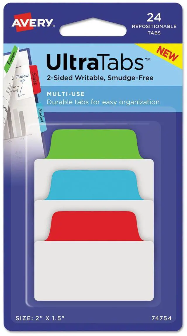 Alt view image 7 of 11 - Avery Ultra Tabs Repositionable Tabs 2 x 1 1/2 Primary: Blue Green Red 24/Pack