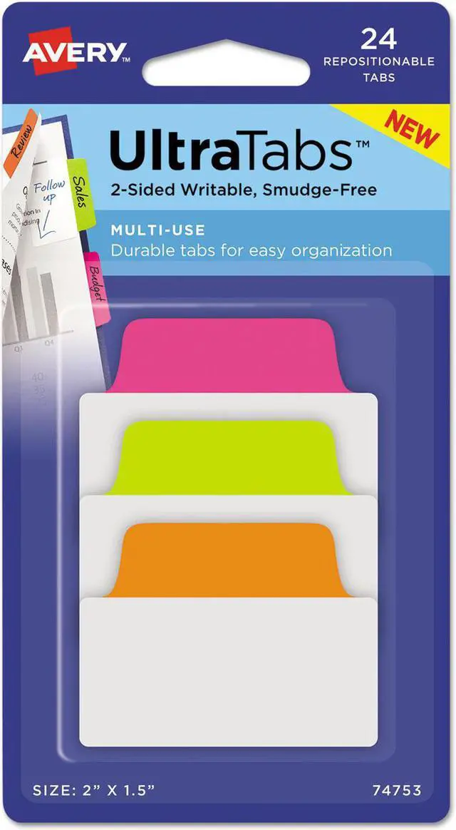 Alt view image 7 of 11 - Avery Ultra Tabs Repositionable Tabs 2 x 1 1/2 Neon: Green Orange Pink 24/Pack