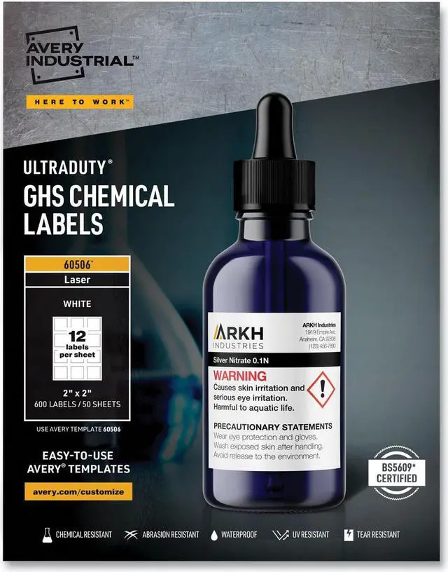Alt view image 14 of 15 - Avery UltraDuty GHS Chemical Labels for Laser Printers, Waterproof, UV Resistant, 2 x 2, 600 Pack (60506)