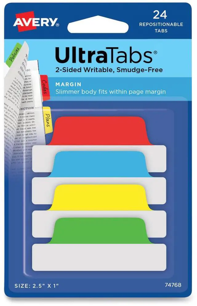 Alt view image 7 of 11 - Avery Ultra Tabs Repositionable Tabs 2.5 x 1 Primary:Green Red Yellow Blue 24/Pk 74768