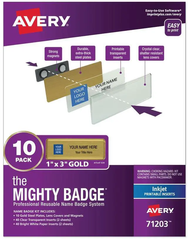 Alt view image 9 of 16 - The Mighty Badge, 1x3 Gold, 10 Reusable Name Tags 80 Inkjet Inserts