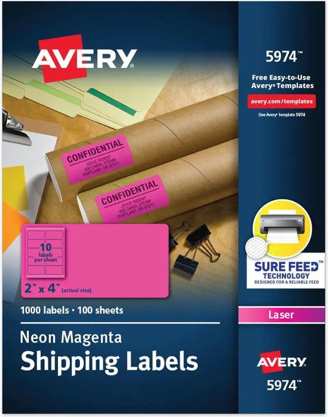 Alt view image 8 of 15 - Avery Neon Shipping Label Laser 2 x 4 Neon Magenta 1000/Box 5974
