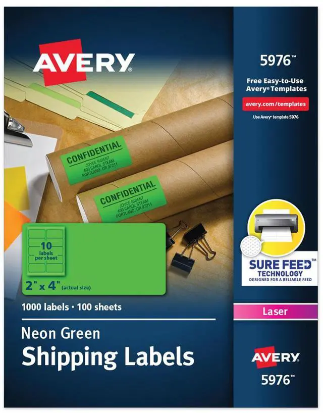 Alt view image 7 of 14 - Avery Neon Shipping Label Laser 2 x 4 Neon Green 1000/Box 5976