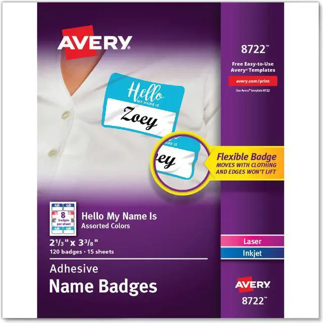 Alt view image 7 of 7 - Avery 08722 Flexible Adhesive Name Badge Labels, 3 3/8" x 2 1/3", Assorted, 120/PK