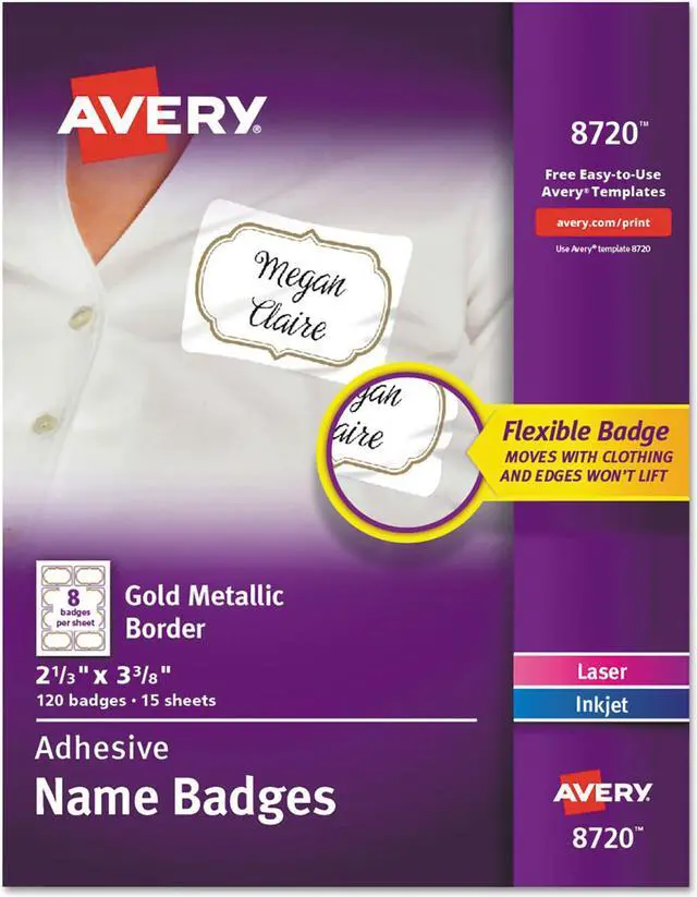 Alt view image 8 of 19 - avery selfadhesive removable name tag labels, gold metallic border, 21/3 x 33/8, 120 badges 8720, gold border