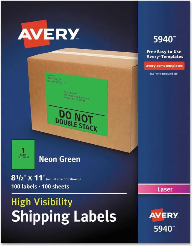 Alt view image 2 of 4 - Avery Neon Shipping Label Laser 8 1/2 x 11 Neon Green 100/Box 5940