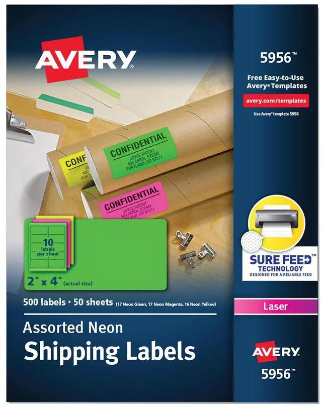Alt view image 5 of 10 - Avery Neon Shipping Label Laser 2 x 4 Neon Assorted 500/Box 5956