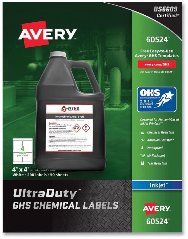 Alt view image 13 of 20 - Avery Chem Label,  4"W x 4"H, 200 Labels,  PK200 White  Synthetic Film  60524