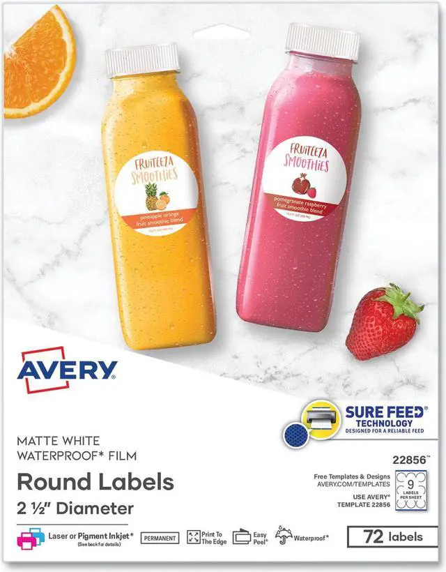 Alt view image 11 of 17 - Avery Printable Waterproof Round Labels with Sure Feed, 2.5" Diameter, White, 72 Customizable Labels (22856)