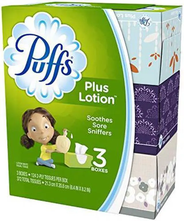 Alt view image 3 of 10 - Puffs Plus Lotion Facial Tissues; 3 Family Boxes 124 Tissues per Box