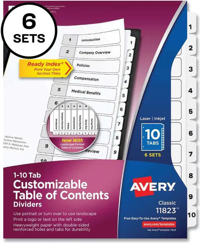 Alt view image 8 of 15 - Avery Ready Index 10 Tab Dividers, Customizable TOC, 6 Sets (11823)