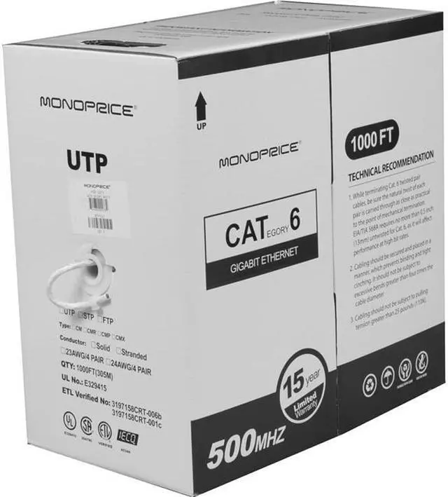 Alt view image 5 of 12 - Monoprice Cat6 Ethernet Bulk Cable - 1000 Feet - White | Network Internet Cord - Stranded, 550Mhz, UTP, Pure Bare Copper Wire, 24AWG