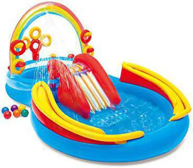Alt view image 14 of 20 - Intex 9.75 x 6.3 Foot Rainbow Slide Inflatable Pool and Water Slide Ring Center