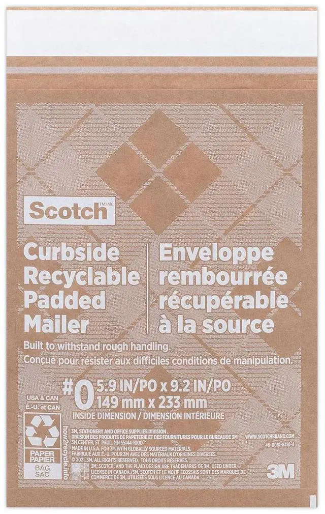 Main image of 3M Scotch Curbside Recyclable Padded Mailer #0 Natural Kraft 100 7100258035