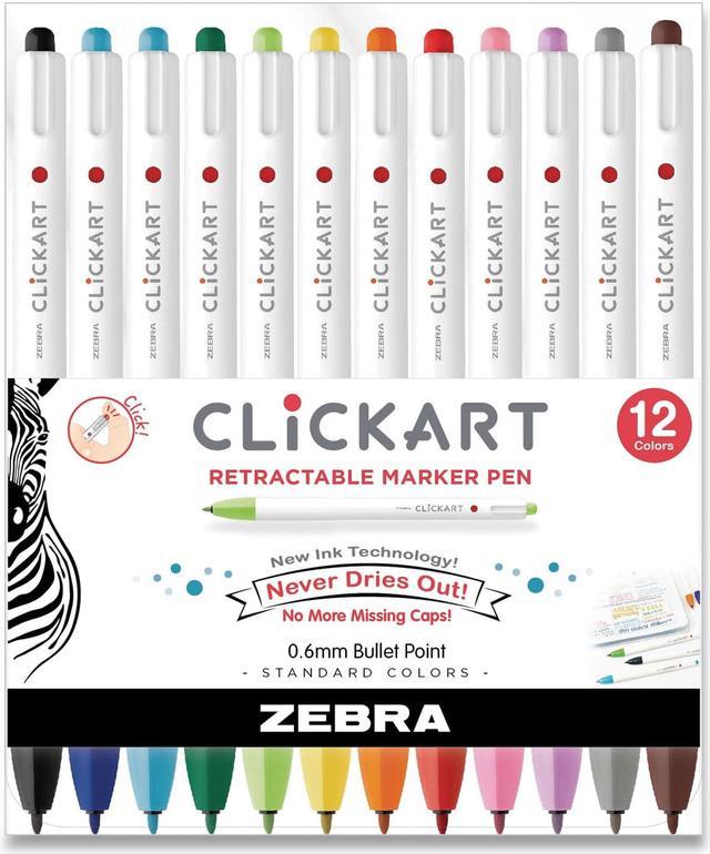Zebra Clickart Porous Point Pen, Retractable, Fine 0.6 mm, Assorted Ink Colors, White Barrel, 12/Pack
