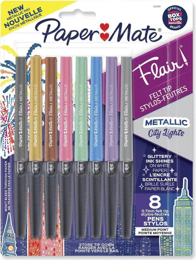 Main image of Flair Metallic Porous Point Pen Stick Medium 0.7 mm Assorted Ink and Barrel Colors 8/Pack 2134319
