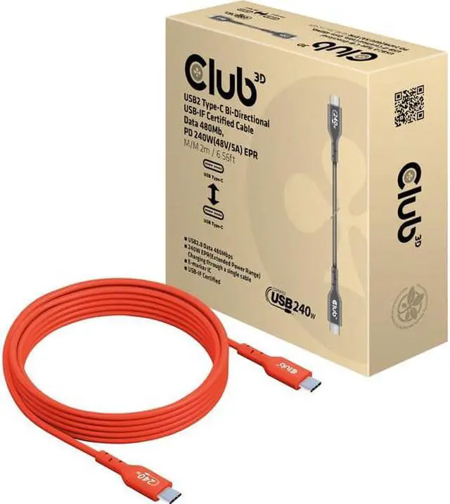 Alt view image 13 of 13 - club 3d usb2 type-c bi-directional usb-if certified cable, data 480mb, pd 240w(48v/5a) epr m/m 2m/6.56ft cac-1573