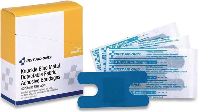 Main image of First Aid Blue Metal Detectable Fabric Adhesive Knuckle Bandages 1.5x3" 40/Box