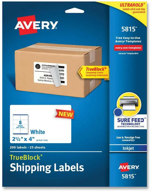 Alt view image 8 of 8 - Avery Printable Blank Shipping Labels, 2.5" x 4", White, 200 Labels, Inkjet Printer, Permanent Adhesive (5815)
