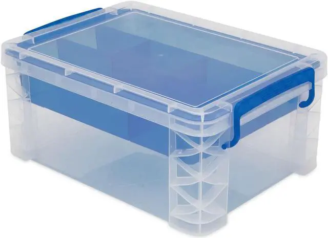 Alt view image 11 of 14 - Advantus 37371 Super Stacker Divided Storage Box, Clear W/Blue Tray/Handles, 10.3 X 14.25X 6.5