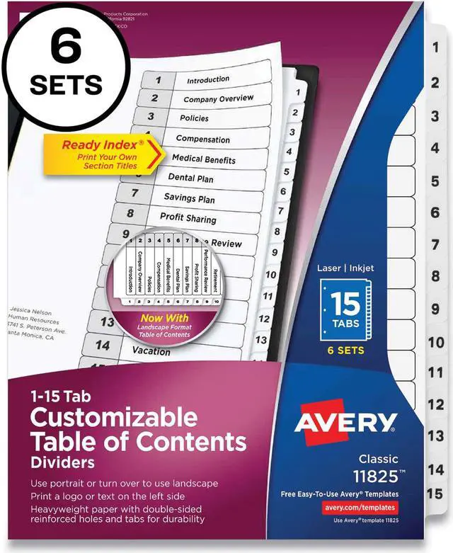 Alt view image 8 of 15 - Avery Ready Index 15 Tab Dividers, Customizable TOC, 6 Sets (11825)