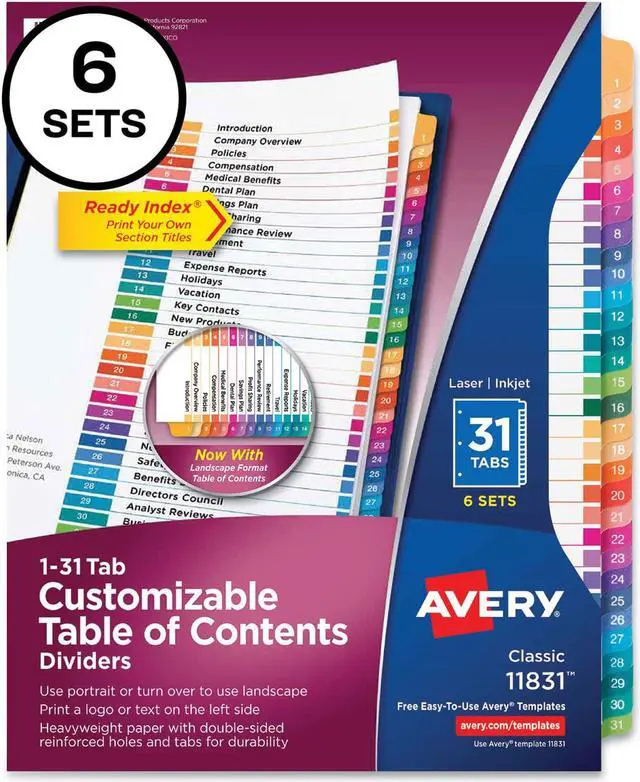 Alt view image 8 of 15 - Avery Ready Index 31 Tab Dividers, Customizable TOC, 6 Sets (11831)