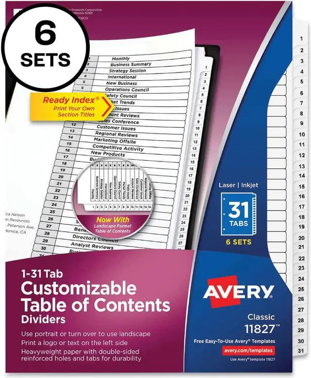 Alt view image 8 of 15 - Avery Ready Index 31 Tab Dividers, Customizable TOC, 6 Sets (11827)