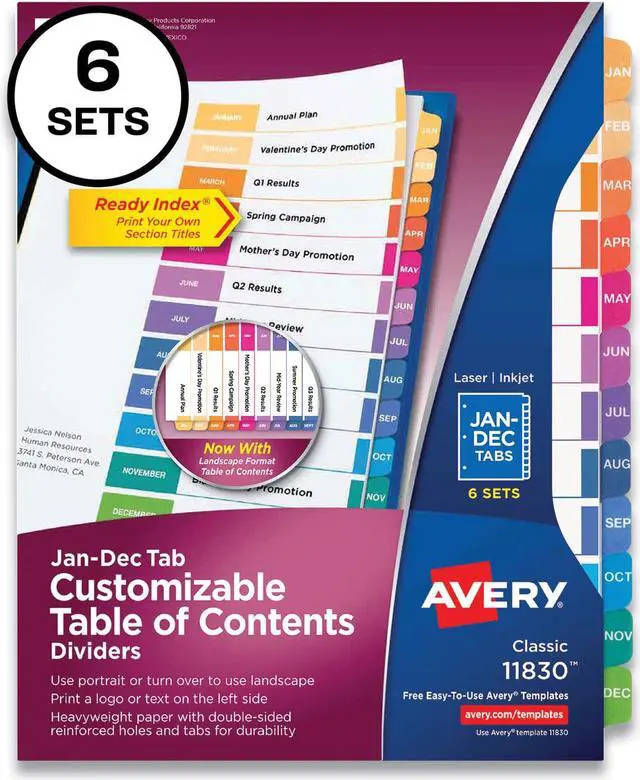 Alt view image 2 of 19 - Avery Ready Index 12 Tab Dividers, Customizable TOC, 6 Sets (11830)