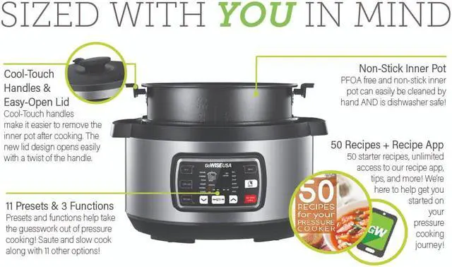 Alt view image 13 of 15 - GoWISE USA GW22708 Ovate 8.5-Qt 12-in-1 Electric Pressure Cooker Oval with Slow Cook, Rice, Yogurt, Egg, Saute, Steamer, Keep Warm Functions + Accessories & Recipes, Stainless Steel