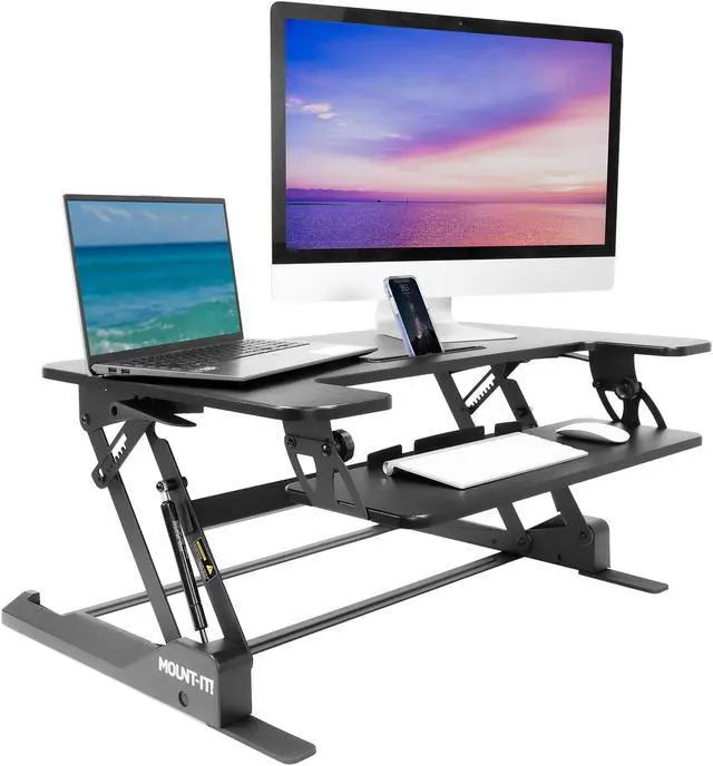 Alt view image 10 of 11 - Mount-It! Standing Desk Converter with Gas Spring Riser | Wide 36 Inch Sit Stand Workstation | Black