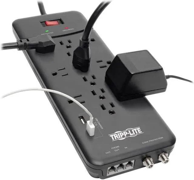 Alt view image 14 of 14 - Tripp Lite Surge Protector Power Strip 12 Outlets, 2 USB Charging Ports Tel/Modem/Coax