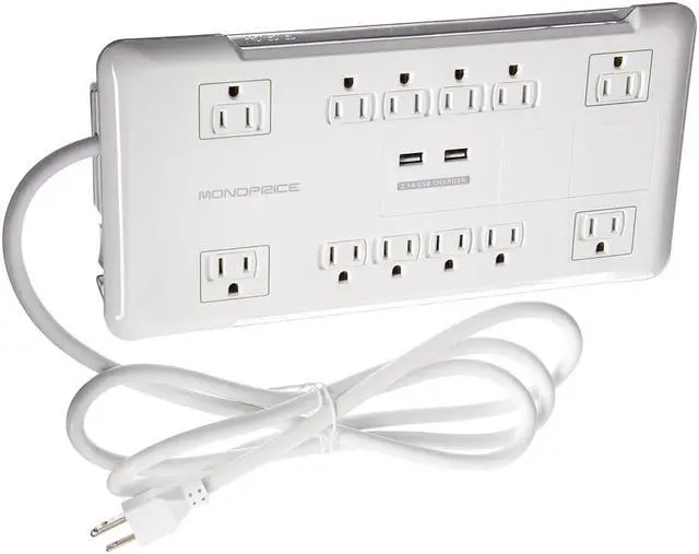 Alt view image 9 of 9 - Monoprice Power & Surge - 12 Outlet Surge Protector Power Strip With 2 Built In 2.1A USB Charger Ports - 6 Feet - White | Cord UL Rated, 3,420 Joules With Grounded And Protected Light Indicator