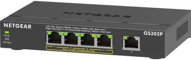 Alt view image 10 of 16 - NETGEAR GS305P Ethernet Switch - 5 Ports - Gigabit Ethernet - 2 Layer Supported - 66.78 W Power Consumption - 63 W PoE Budget - PoE Ports - Desktop, Wall Mountable - 3 Year Limited Warranty