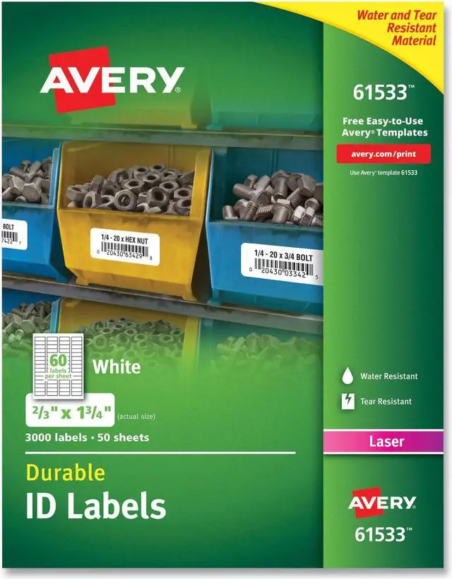 Alt view image 3 of 10 - Avery Durable ID Labels, TrueBlock Technology, Permanent Adhesive, 2/3" x 1-3/4", 3,000 Labels (61533)