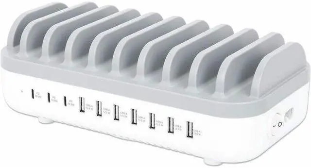 Alt view image 9 of 13 - Manhattan 10-Port USB Charging Station - 120 W - 120 W - 120 V AC, 230 V AC Input - 5 V DC/3 A, 9 V DC, 12 V DC Output - White, Gray