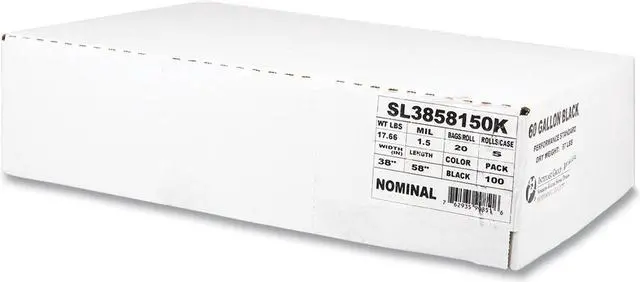 Main image of Low-Density Commercial Can Liners 60 gal 1.5 mil 38" x 58" Black Interleaved Roll 20 Bags/Roll 5 Rolls/Carton SL3858150K