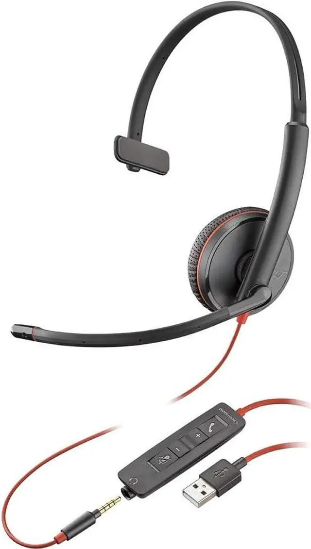 Alt view image 4 of 4 - Poly Blackwire C3215 Headset - Mono - Mini-phone (3.5mm), USB Type A - Wired - 32 Ohm - 20 Hz - 20 kHz - Over-the-head, Over-the-ear - Monaural - Supra-aural - 7.40 ft Cable - Noise Cancelling Microph