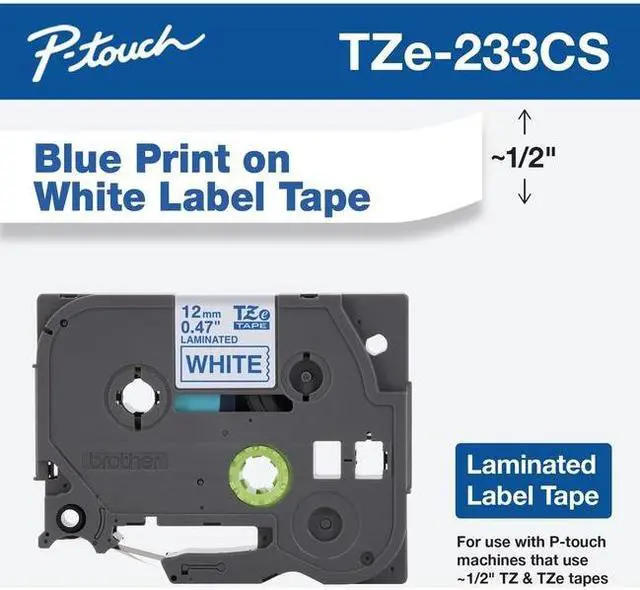 Main image of Brother P-touch TZe-233CS Laminated Label Maker Tape 1/2" x 26-2/10' Blue on White (TZe-233CS) TZE233CS