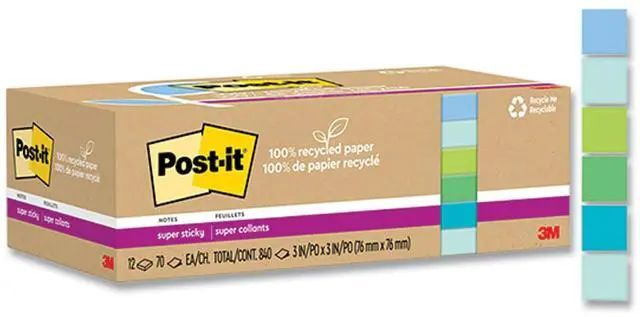 Alt view image 8 of 8 - Post-it Recycled Super Sticky Notes 3" x 3" Oasis Collection 70 Sheet/Pad 12 Pads/Pack (654R-12SST)
