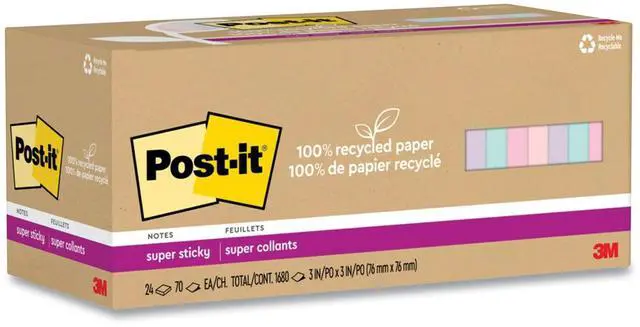 Alt view image 8 of 8 - Post-it Recycled Super Sticky Notes 3" x 3" Wanderlust Pastels Collection 70 Sheet/Pad 24 Pads/Pack (654R-24SSNRPCP)