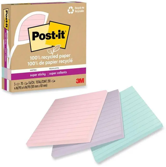 Alt view image 8 of 8 - Post-it Recycled Super Sticky Notes 4" x 4" Wanderlust Pastels Collection Lined 70 Sheet/Pad 3 Pads/Pack (675R-3SSNRP)