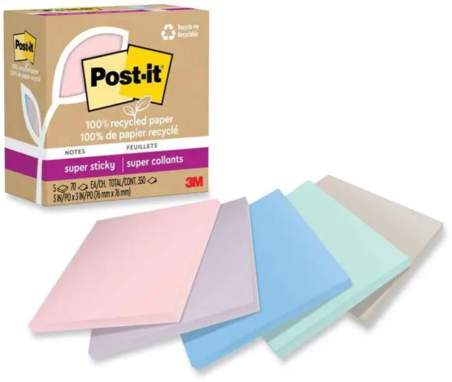 Alt view image 8 of 8 - Post-it Recycled Super Sticky Notes 3" x 3" Wanderlust Pastels Collection 70 Sheet/Pad 5 Pads/Pack (654R-5SSNRP)