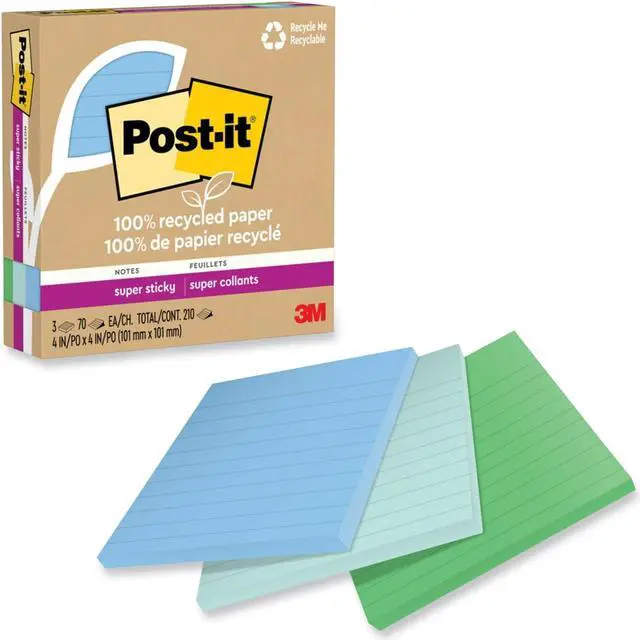 Alt view image 8 of 8 - Post-it Recycled Super Sticky Notes 4" x 4" Oasis Collection Lined 70 Sheet/Pad 3 Pads/Pack (675R-3SST)