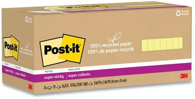 Alt view image 8 of 8 - Post-it 100% Recycled Paper Super Sticky Notes 3" x 3" Canary Yellow 70 Sheets/Pad 24 Pads/Pack (654R-24SSCY-CP)