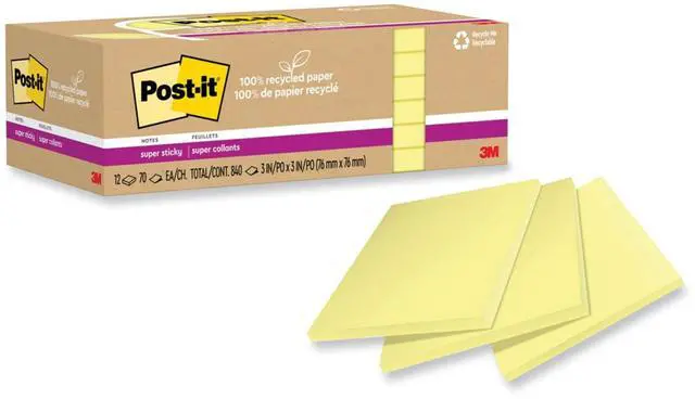 Alt view image 8 of 8 - Post-it Recycled Super Sticky Notes 3" x 3" Canary Collection 70 Sheet/Pad 12 Pads/Pack (654R-12SSCY)